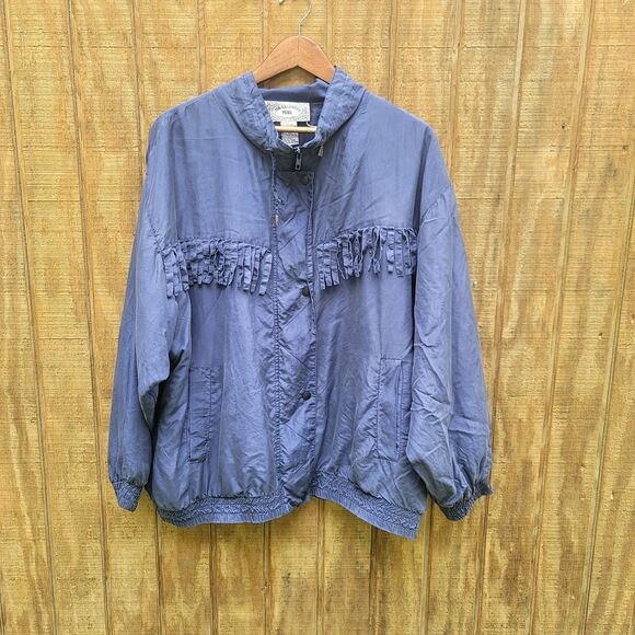Silk Exchange Vtg Blue Fringed Full Zip 100% Silk Bomber Style Jacket Women 22W - Picture 11 of 11